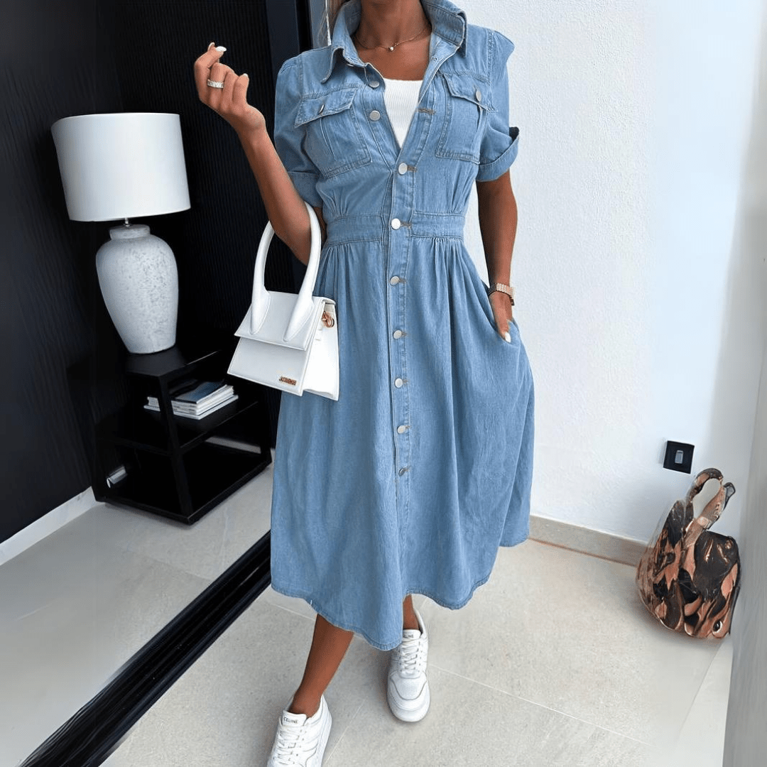 Abito Midi in Denim Blu con Vestibilità Classica da Donna