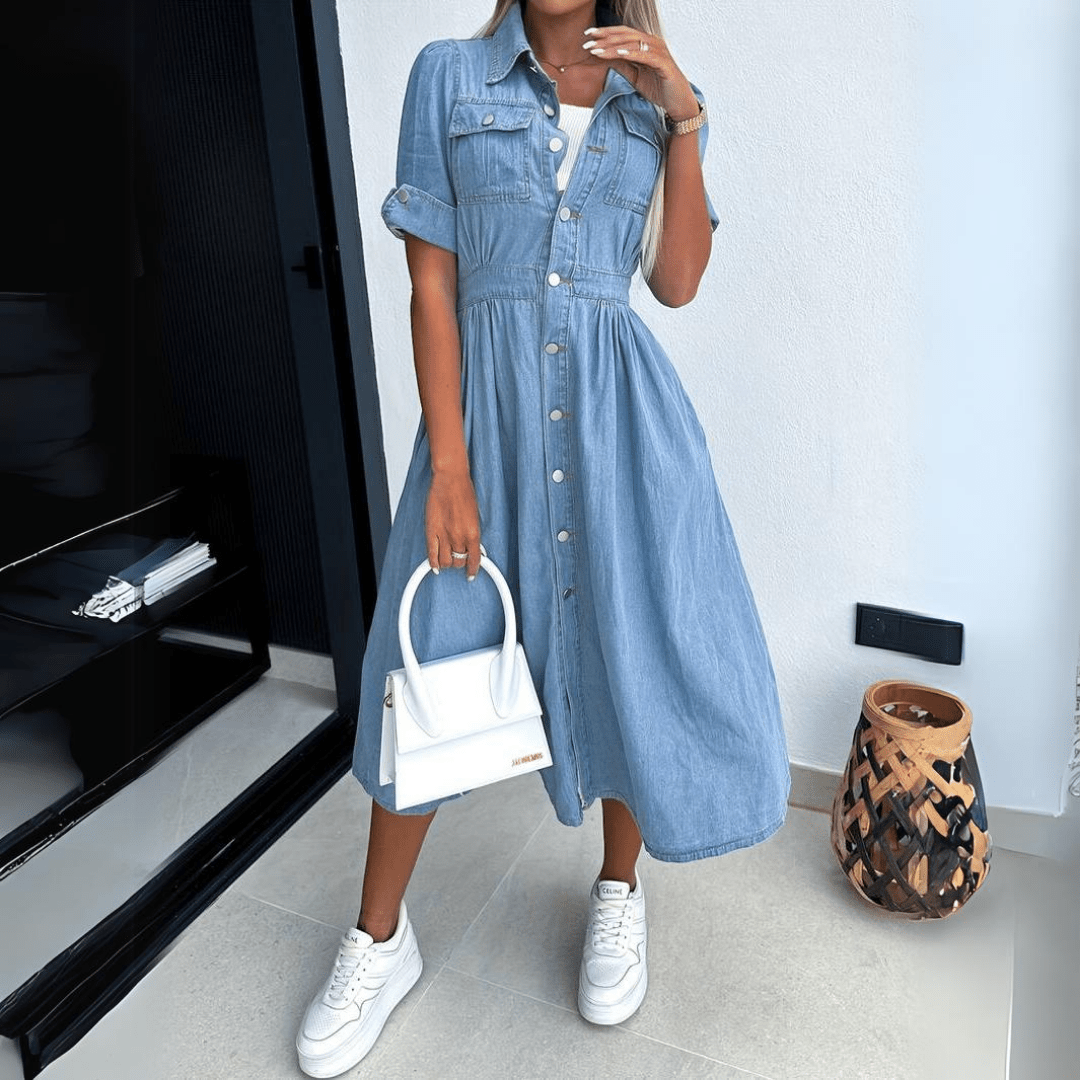 Abito Midi in Denim Blu con Vestibilità Classica da Donna