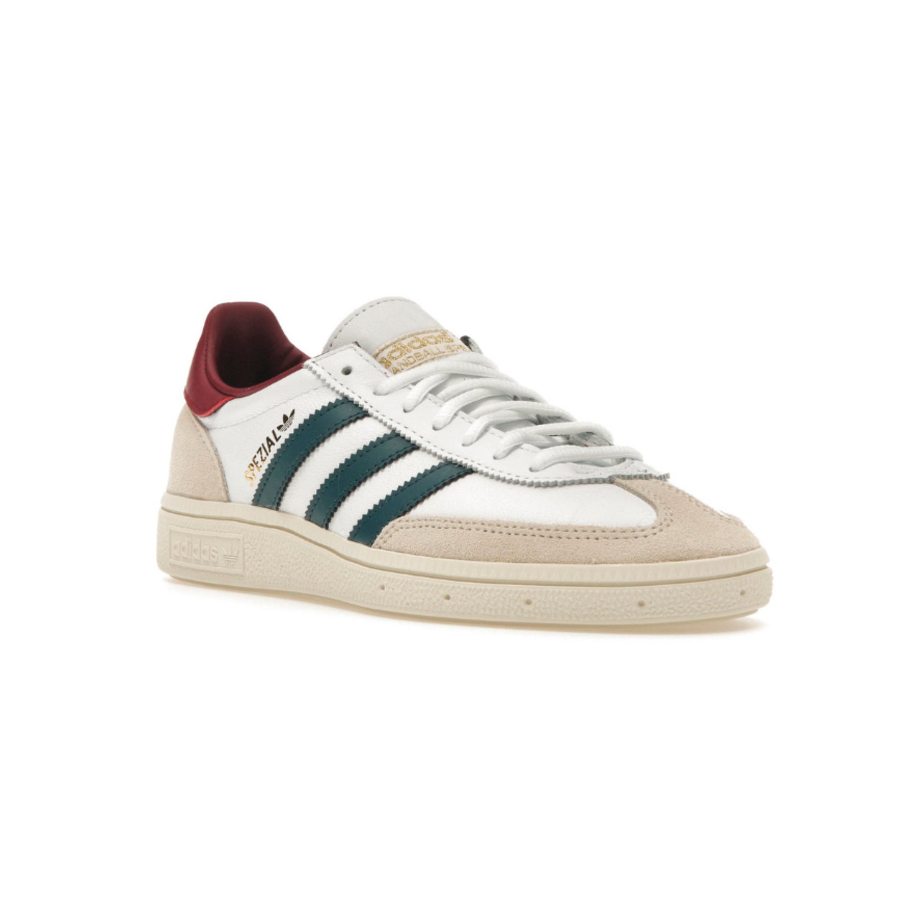 Adidas Handball Spezial Scarpe Bianche con Dettagli Verde Scuro e Bordeaux Uomo