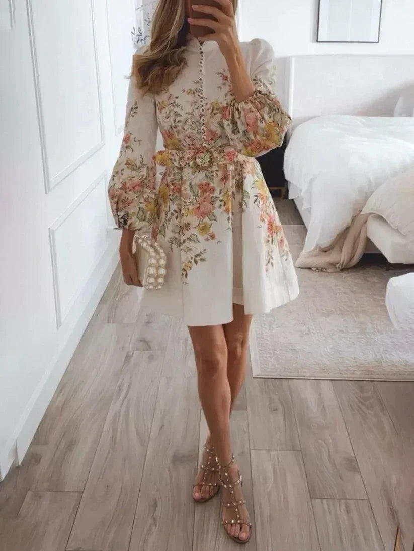 Abito Mini Bianco alla Moda con Stampa Floreale e Bottoni per Donna | Lina