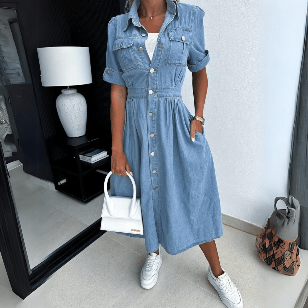 Abito Midi in Denim Blu con Vestibilità Classica da Donna